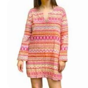 Calypso St. Barth Pink Orange Long Sleeve Coverup Short Kaftan 100% cotton Small